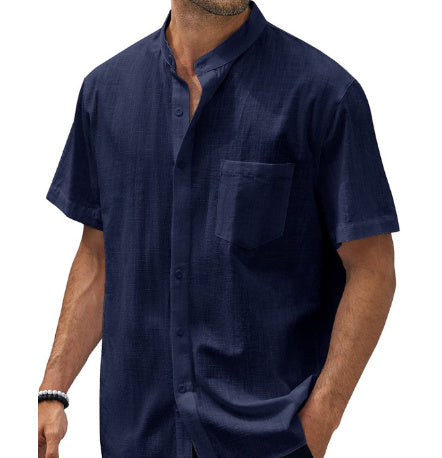 Newly Released at Buy Center: Short Sleeve Pocket Cotton Shirt Button Beach Casual Navy Blue