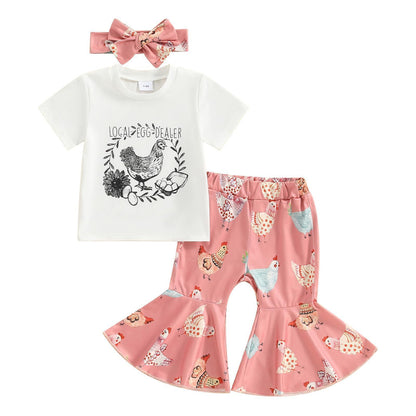 Just Arrived at Buy Center: European And American Spring And Summer Girls' Bow Hair Accessories Short Sleeve Striped Color Matching Bell-bottom Pants 2-piece Set