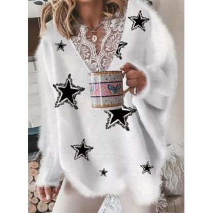 Women's Fashion V-neck Lace Pentagram Printed Knitted Jacket Buy Center