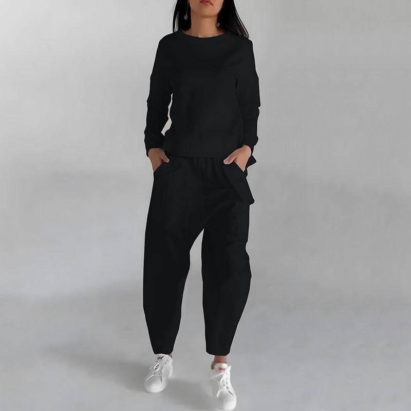 Newly Released at Buy Center: Solid Color Fashion Sweatshirt Long Sleeve Back Slit Top With Pockets Loose Trousers Women's Clothing Black