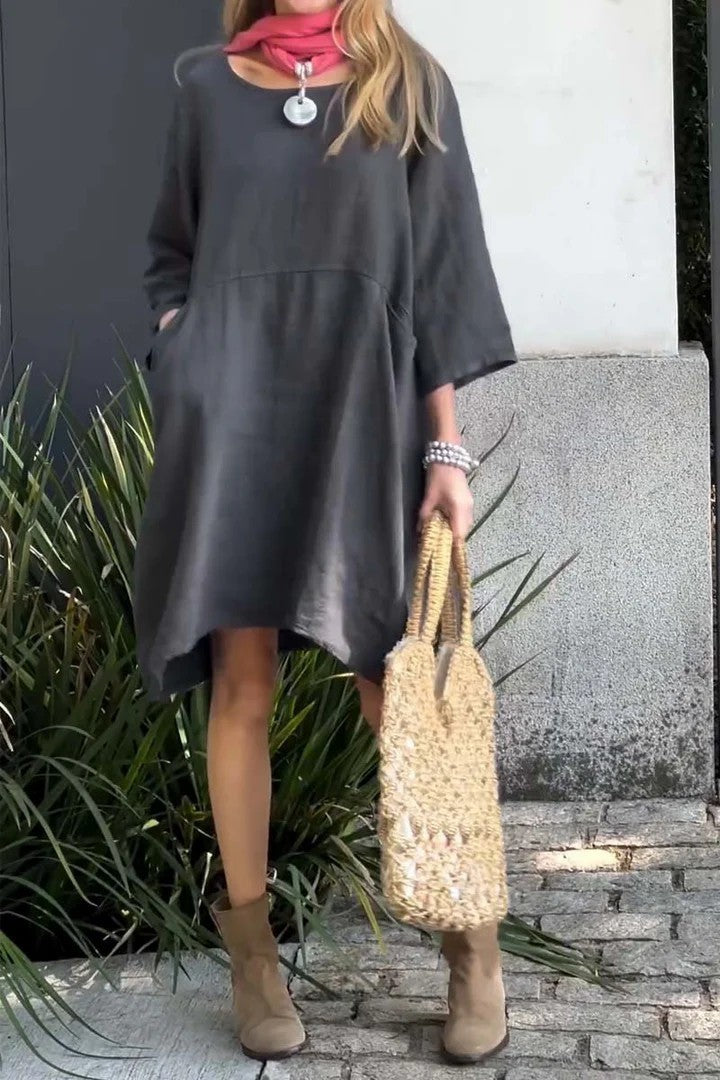 Hot New Items at Buy Center: Women's Cute Solid Color Loose Casual Pocket Cotton Linen Dress Gray