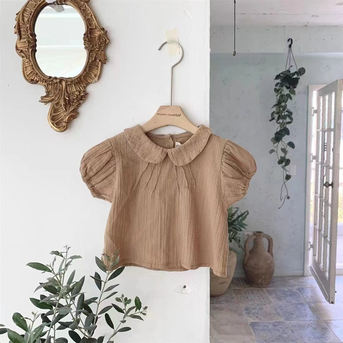 Fresh Arrivals at Buy Center: Baby Girl Cute Lapel Short-sleeved Blouse T-shirt Khaki