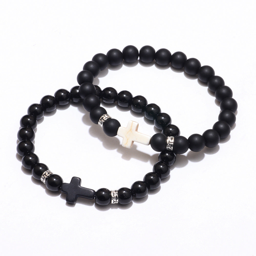 Buy Center Picks-Natural Stone Bracelet Matte Black Black And White Set