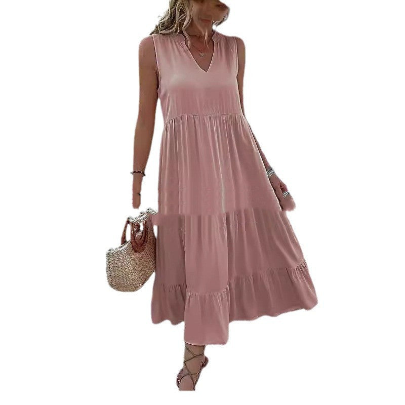 Newly Released at Buy Center: Loose Waist Sleeveless V-neck Swing Solid Color Length Dress Pink