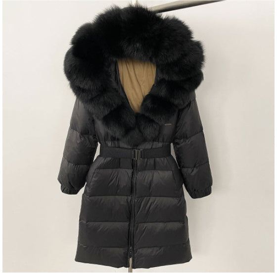 Women's Long Cinched Hoodie Real Fox Fur Collar Coat Buy Center