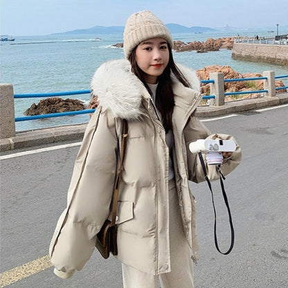 Women's Hooded Solid Color Casual Big Fur Collar Cotton Jacket Buy Center