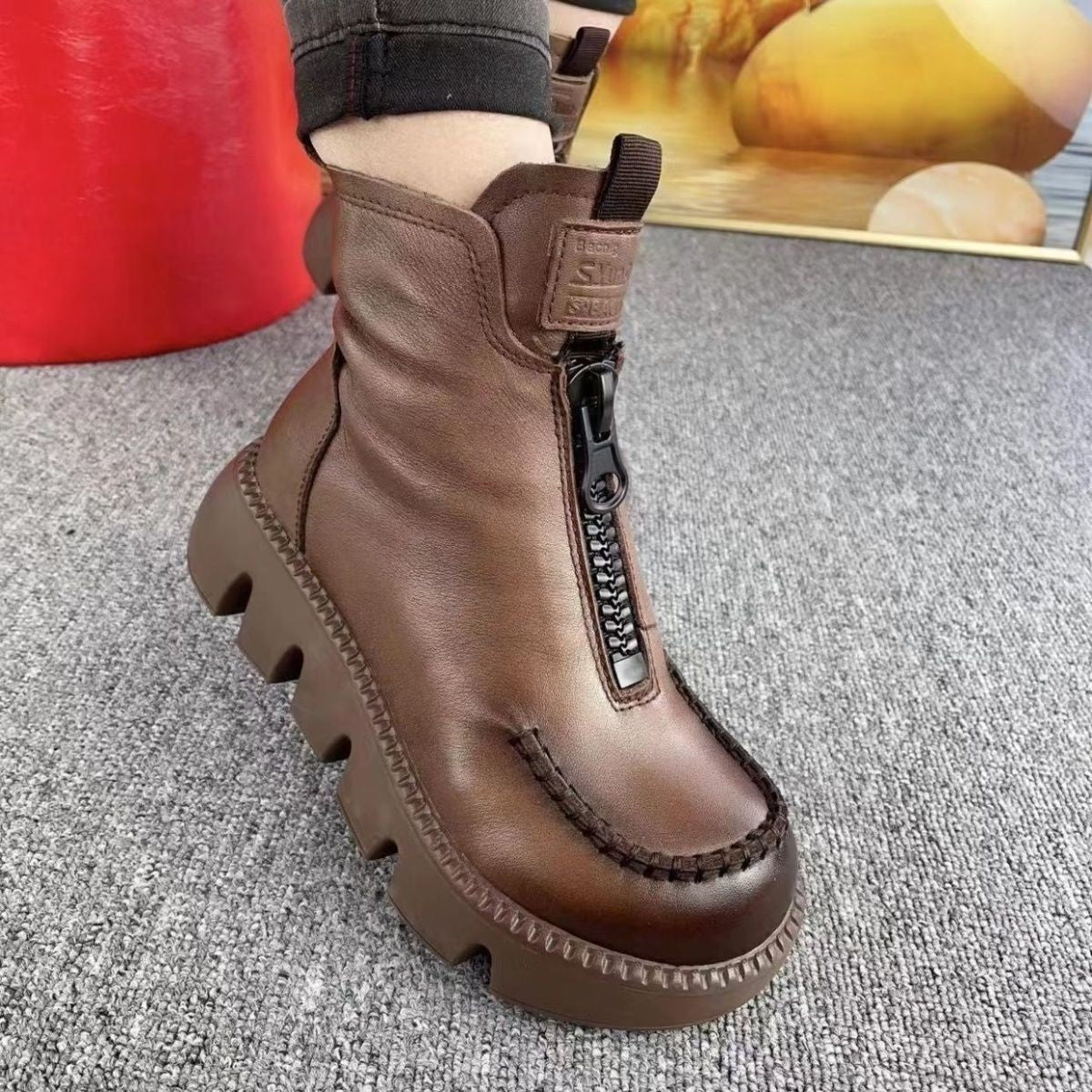 Fresh on the Scene at Buy Center: Cotton Boots Soft Full Grain Leather Retro Platform Motorcycle Boots Muffin Heel