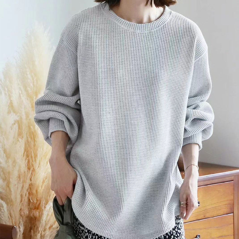 Loose Casual High-grade Waffle Bottoming Shirt Light Gray