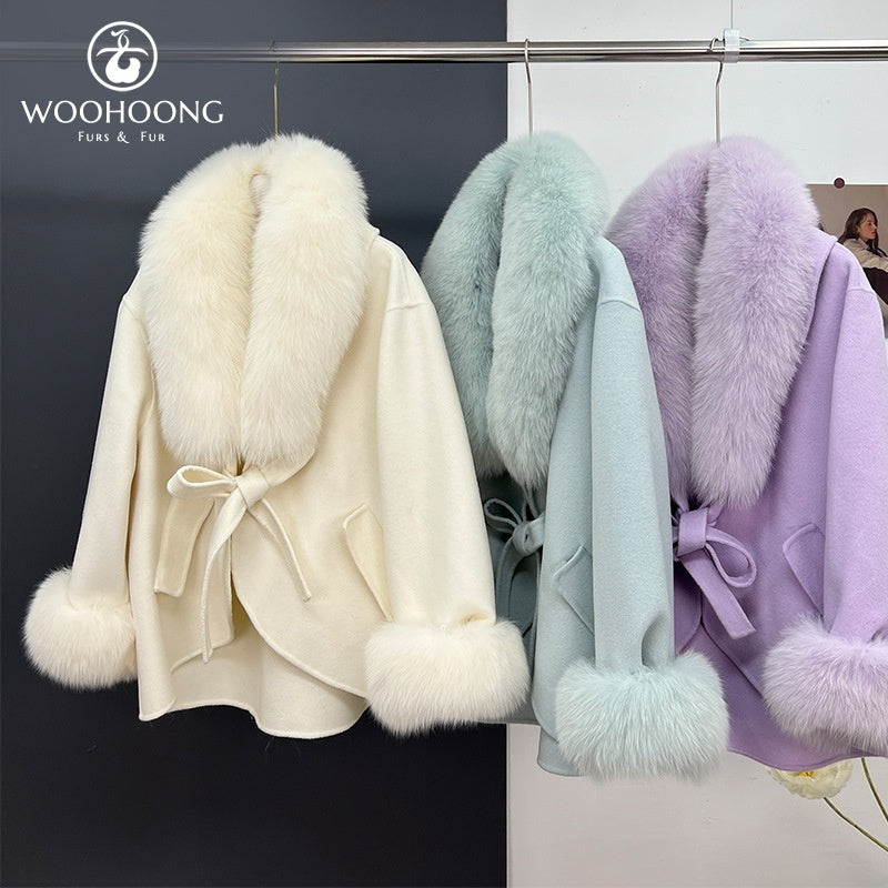 Wool Double-sided Woolen Coat Women's Mid-length Cape Shawl Fox Fur Appearance Buy Center