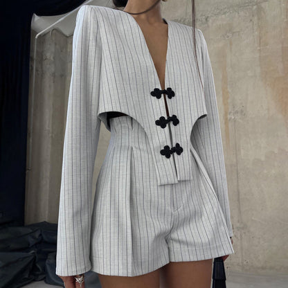 Buy Center Trend-Niche Design Long Sleeve Jacket High Waist Shorts Striped Suit