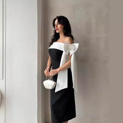 Women's Off-shoulder Bow Black And White Color Matching Elegant Cocktail Dress Buy Center