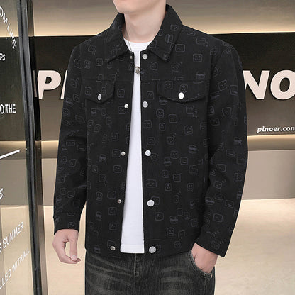 Men's Printed Corduroy Jacket Slim Lapel Black