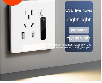 Newly Released at Buy Center: Human Body Induction Floor Five-hole Socket Type-c Embedded Small Night Lamp Bedside Panel Pure White Ceramic White Three One