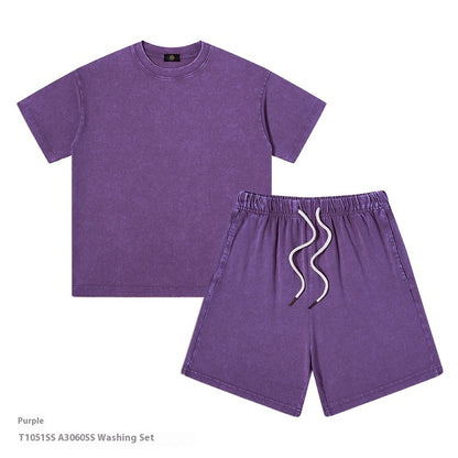 Just Arrived at Buy Center: Children's Clothing American 250g Heavy Washed Old Boys And Girls Suit Boys Two Piece Purple