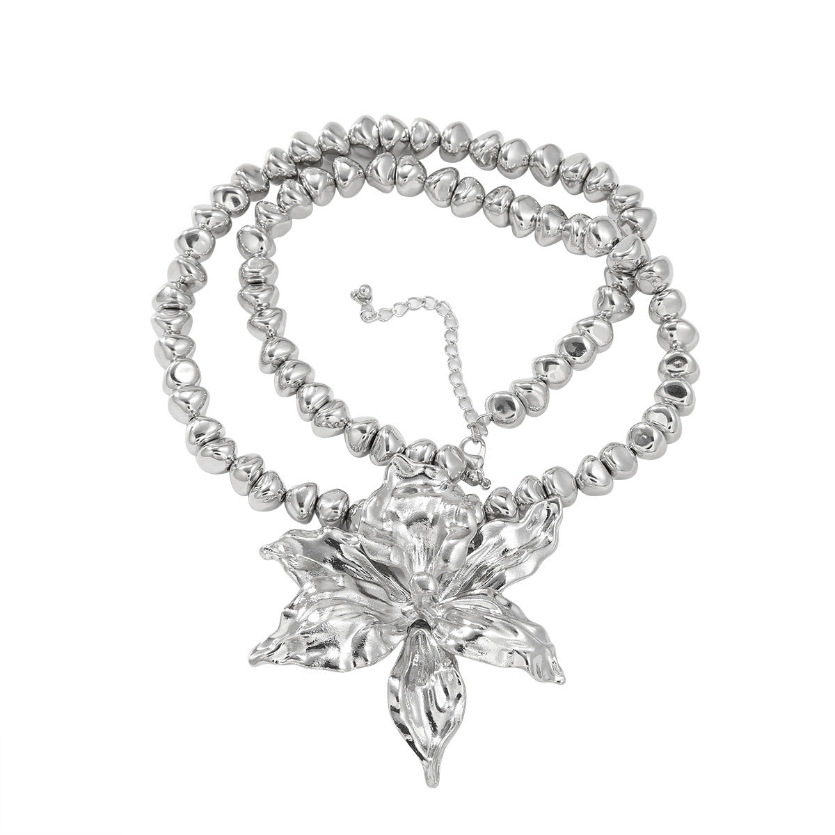 Buy Center Exclusive Offer-Silver Beads Chain Flower Pendant Exaggerated Ladies Necklace Silver