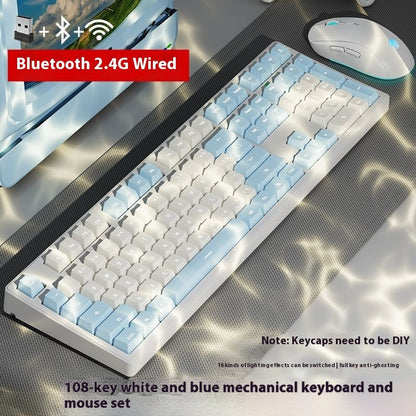 Office Game Wireless Bluetooth Three-model Mechanical Keyboard White And Blue 108 Key Mouse