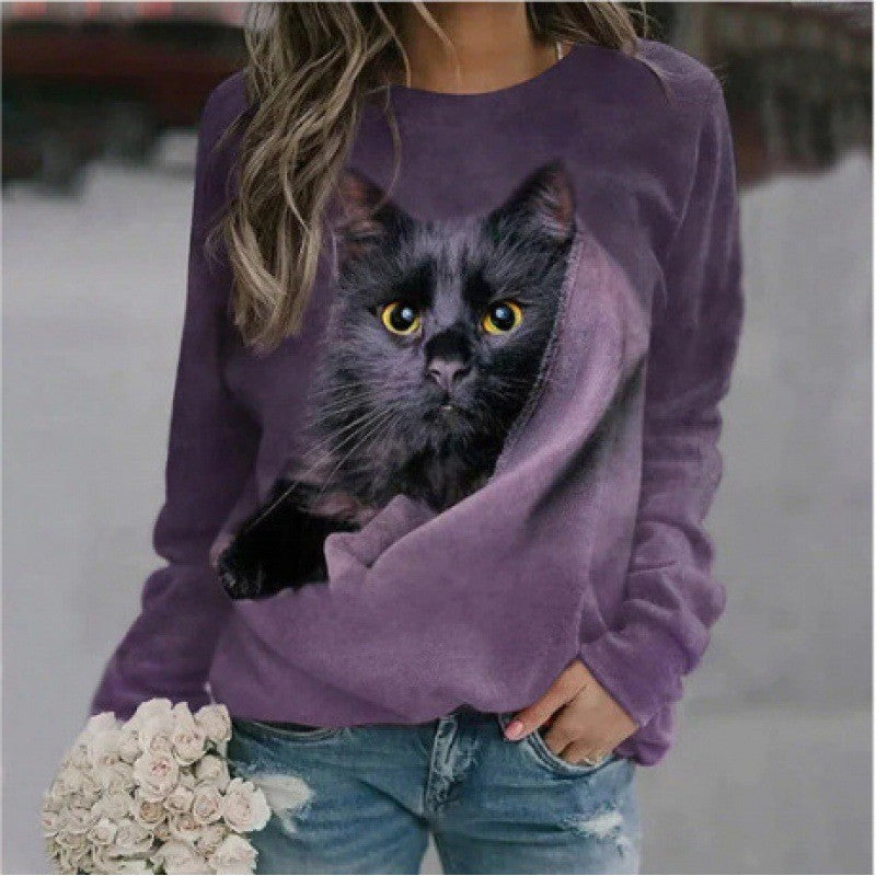 Cute Cat 3D Digital Printing Women's Round Neck Sweater Buy Center