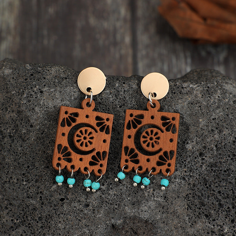 Buy Center Handpicked- Geometric Hollow Wooden Earrings Turquoise Tassel Retro