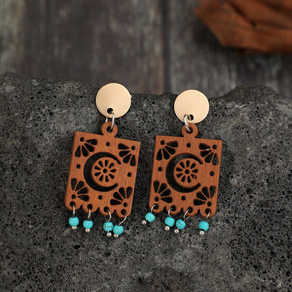 Buy Center Handpicked- Geometric Hollow Wooden Earrings Turquoise Tassel Retro