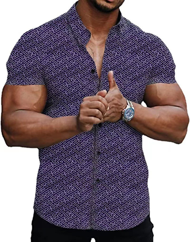 New at Buy Center: Rhombus Printed Short-sleeved Gentleman Shirt Purple