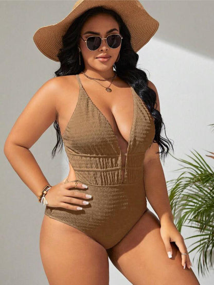 New Women's Belly-covering Beach Solid Color Fashion One-piece Swimsuit Camel