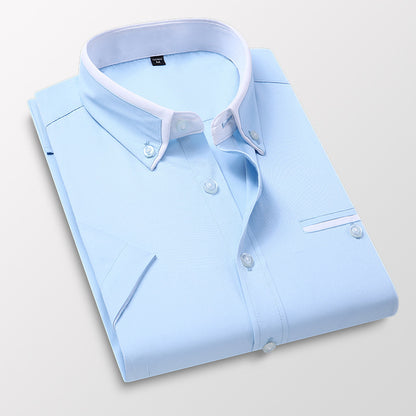 Short-sleeved Short Sleeve Men Clothing Shirt Slim-fitting Iron-free Casual Light Blue