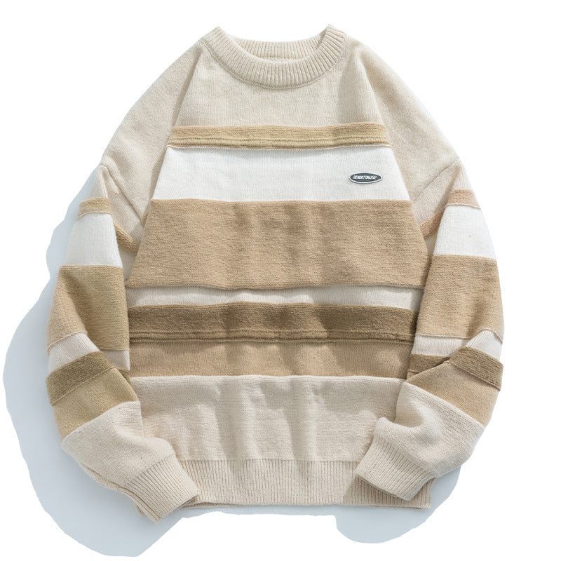 Japanese Style Men's Clothing Vintage Stripe Round Neck Sweater Buy Center