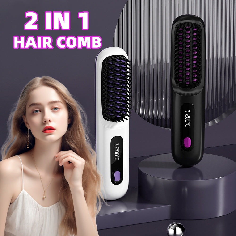 Peigne à cheveux lisse 2 en 1, lisseur sans fil, brosse à cheveux, chauffage rapide, boucleur chaud portable, chargement USB