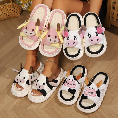 Buy Center Top Rated-Cute Cow Linen Shit Feeling Interior Non-slip Deodorant Outer Wear Platform Slippers