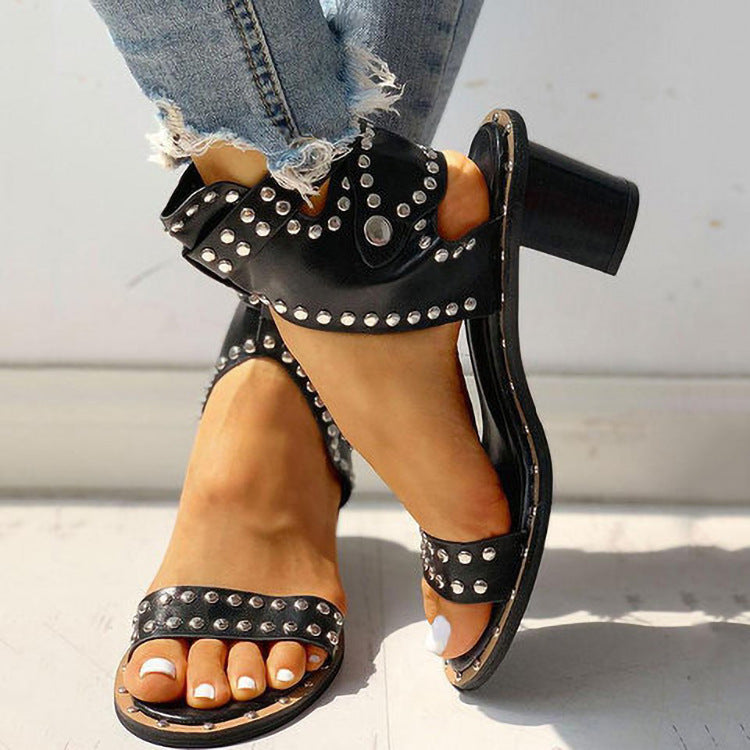 Buy Center Hot Pick-Fashion Rivet Belt Buckle Chunky Heel Sandals For Women