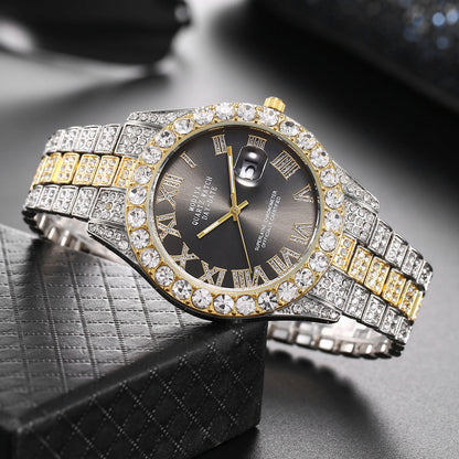 Just Arrived at Buy Center: Full Diamond Surface Roman Scale Steel Watch Golden Black Noodles