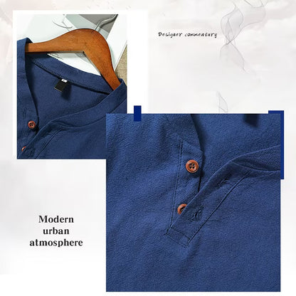 Hot New Arrivals at Buy Center: Cotton Linen Men's Long Sleeve V-neck Casual Beach Linen Shirt Fashion Leisure Men's Clothing Casual And Breathable Shirt Blue