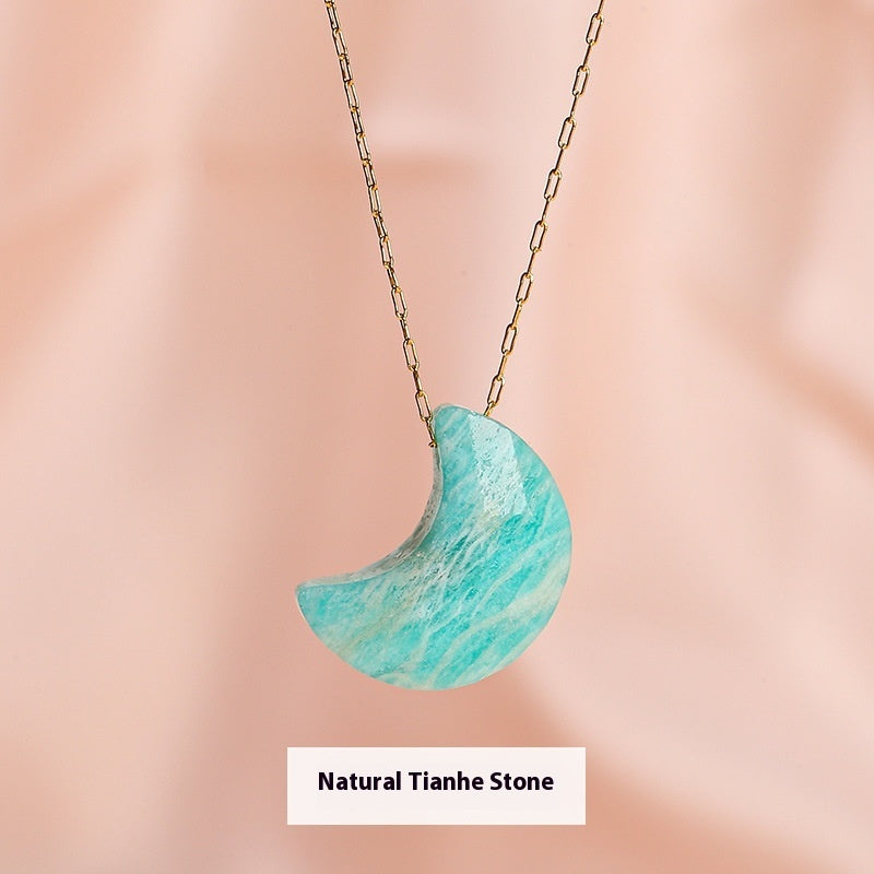 Buy Center Choice-Popular Temperament Natural Stone Cut Moon Titanium Steel Necklace Natural Amazonite 18x14mm