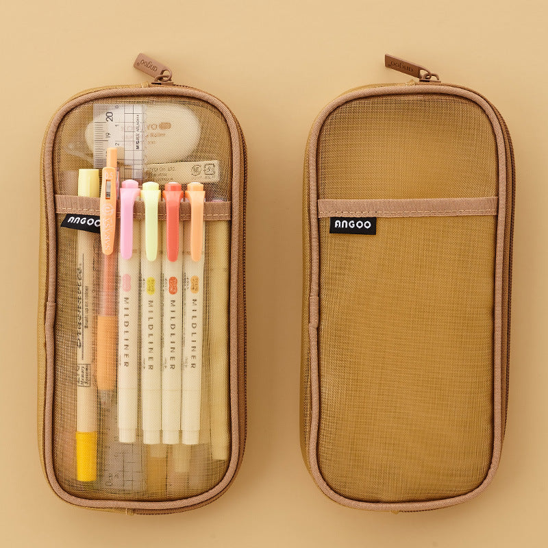 Trending Now at Buy Center: Mesh Pen Case Transparent Solid Color Stationery Storage Bag Khaki