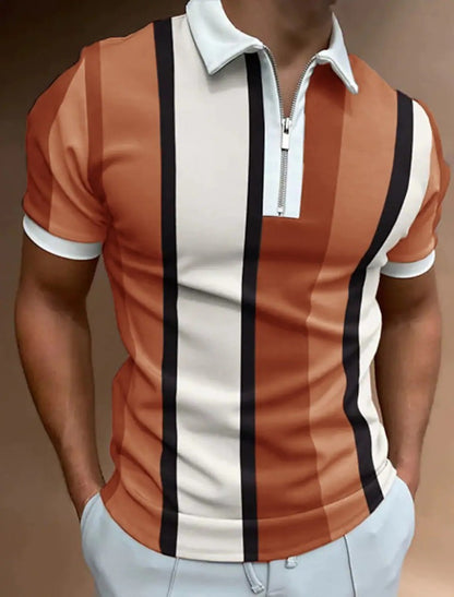 Fresh Arrivals at Buy Center: Men's Striped Short-sleeved Polo Shirt Slim Lapel Orange