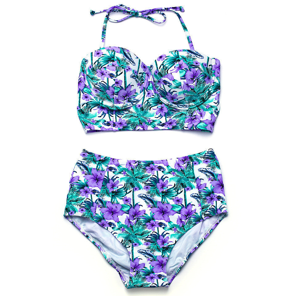 Hot New Items at Buy Center: Sweet Floral Gathering Steel Bracket Hard Cup High Waist Anti-exposure Split Swimsuit Purple