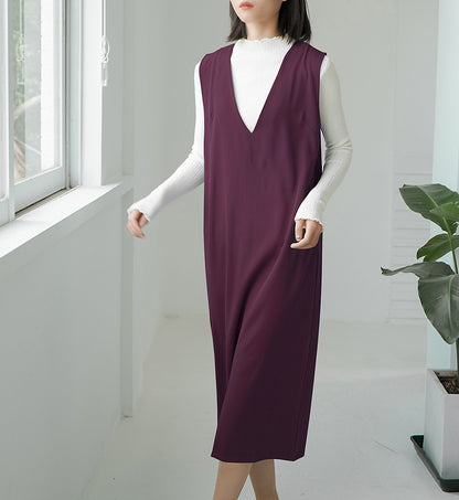 Autumn And Winter Sleeveless V-neck Overknee Long Dress Solid Color Purplish Red