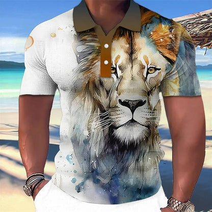 Newly Released at Buy Center: 3D Wolf Printed Casual Short-sleeved Street Hip-hop T-shirt Breathable Pullover Men's Polo Shirt PP52869GC