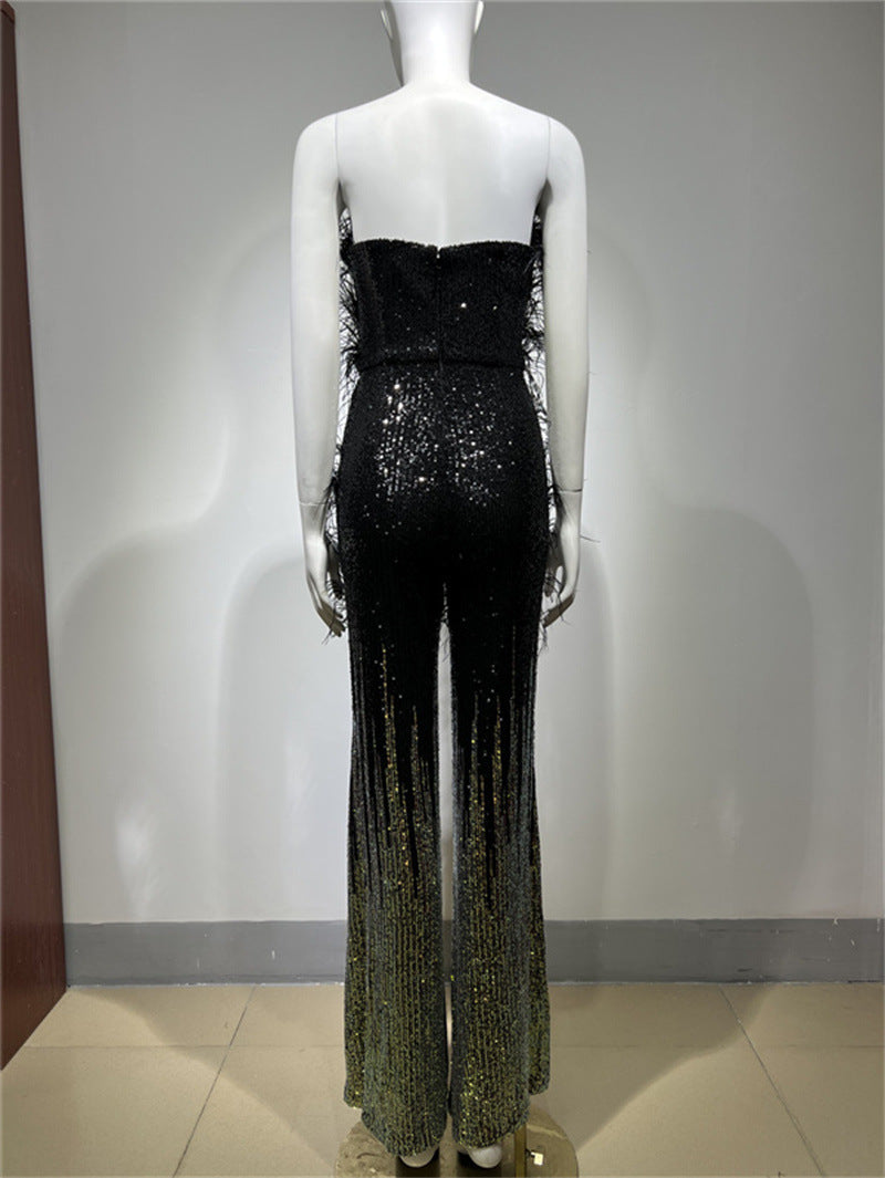 Ostrich Feather Gradient Sequin Tube Top Jumpsuit Buy Center