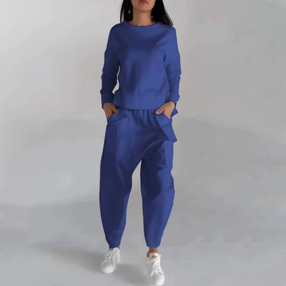 Newly Released at Buy Center: Solid Color Fashion Sweatshirt Long Sleeve Back Slit Top With Pockets Loose Trousers Women's Clothing Blue