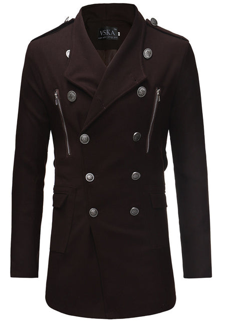 Double-breasted Large Lapel Men's Casual Slim-fit Mid-length Woolen Trench Coat