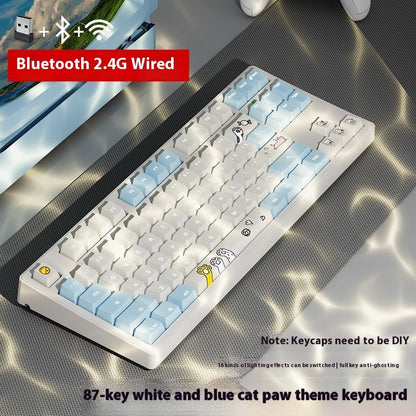 Office Game Wireless Bluetooth Three-model Mechanical Keyboard White And Blue Cat's Paw 87