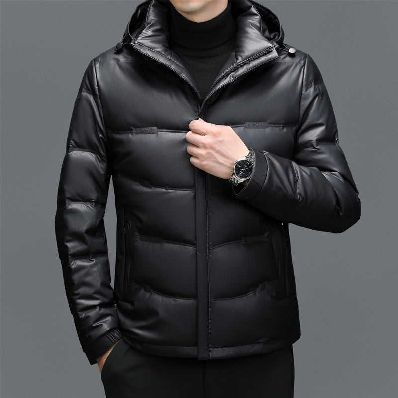 Men's Casual Solid Color White Duck Down Warm Hooder Leather Coat