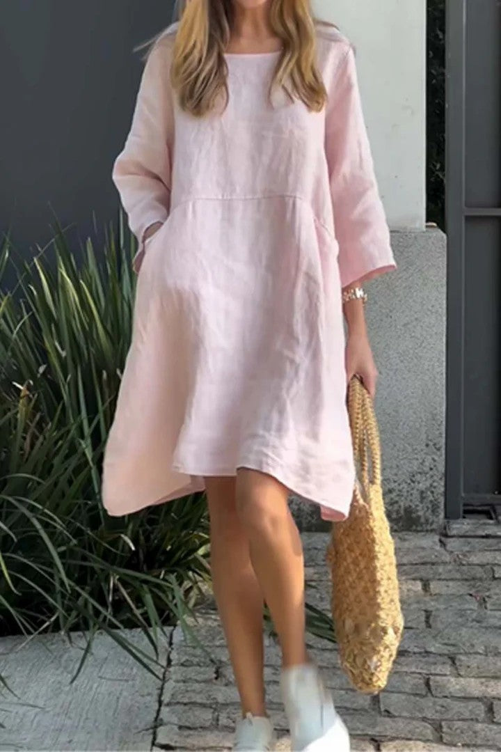 Hot New Items at Buy Center: Women's Cute Solid Color Loose Casual Pocket Cotton Linen Dress Pink