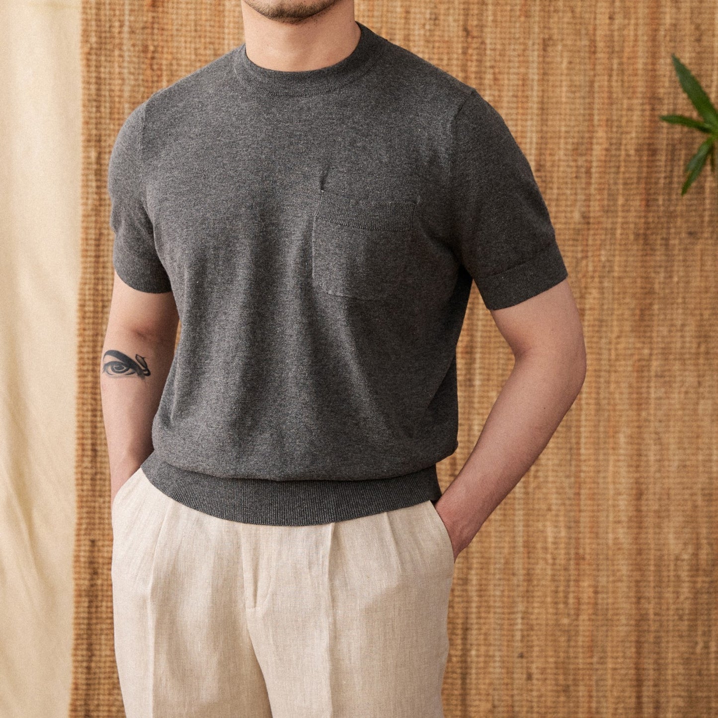 Fresh Arrivals at Buy Center: Handsome Solid Color Knitted T-shirt For Trendy Men Dark Grey