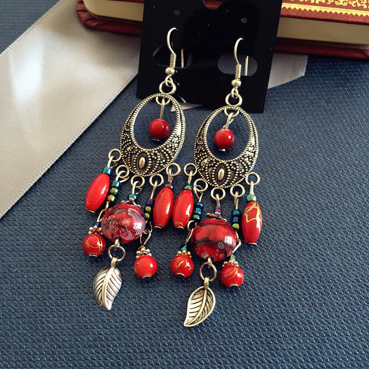 Buy Center Handpicked- Bohemian Retro Ethnic Style European And American Antique Silver Earrings Goddess Style Fire Red