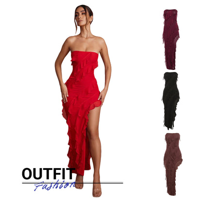 2024 Summer Trend Skinny Women's Fashion Tube Top Backless Split Tassel Dress Birthday Party Clubwear Buy Center