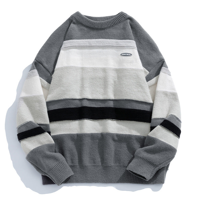 Japanese Style Men's Clothing Vintage Stripe Round Neck Sweater Buy Center