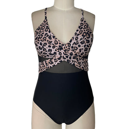 Buy Center Hot Pick-Women's Mesh Spliced Backless One-piece Swimsuit Leopard Print