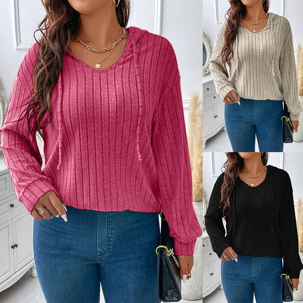 Hot New Items at Buy Center: Women's V-neck Hooded Long-sleeved Sunken Stripe Brushed Top